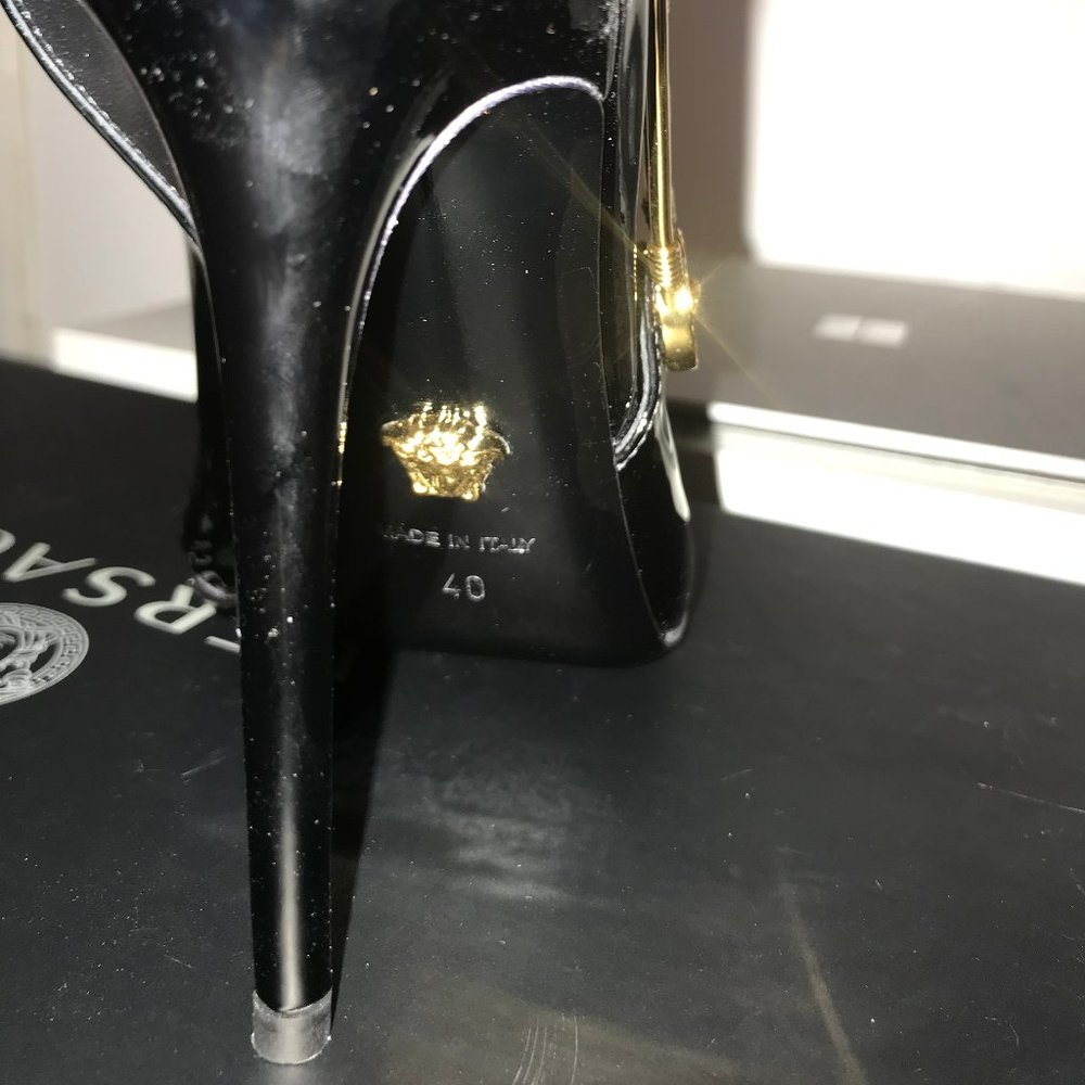 VERSACE SAFETY PIN PATENT PUMPS